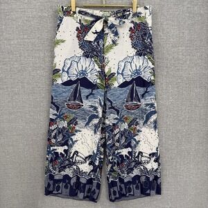 Joie Pants Womens 12 Multicolor Linen Rayon Wide Leg Crop Tropical Print Beach